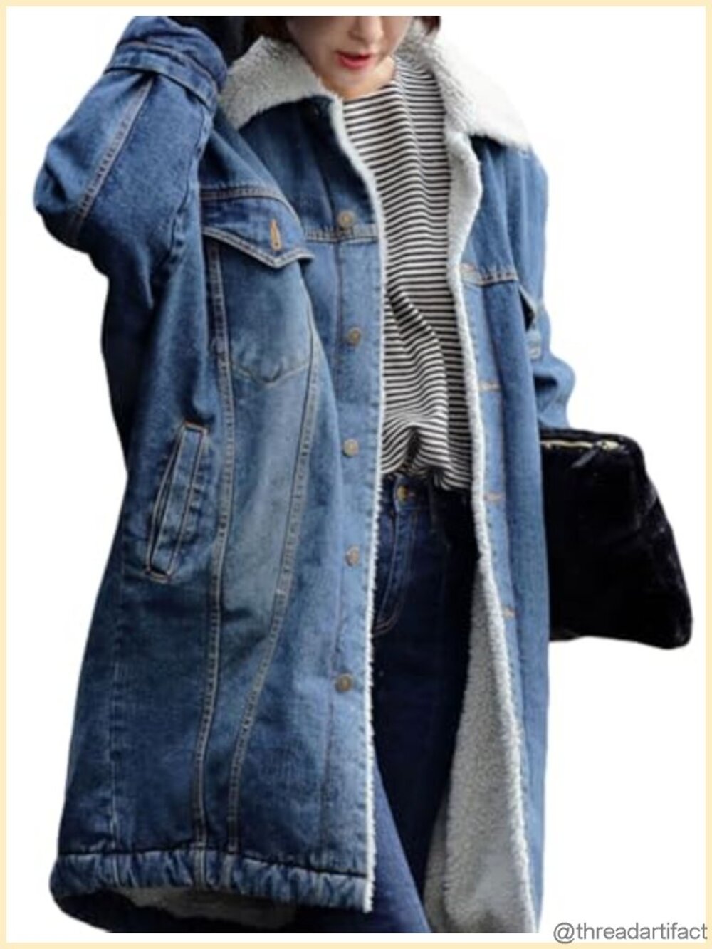 Sherpa Fleece Lined Denim Jacket Long Button Down Trucker Coat - Picture 2 of 5